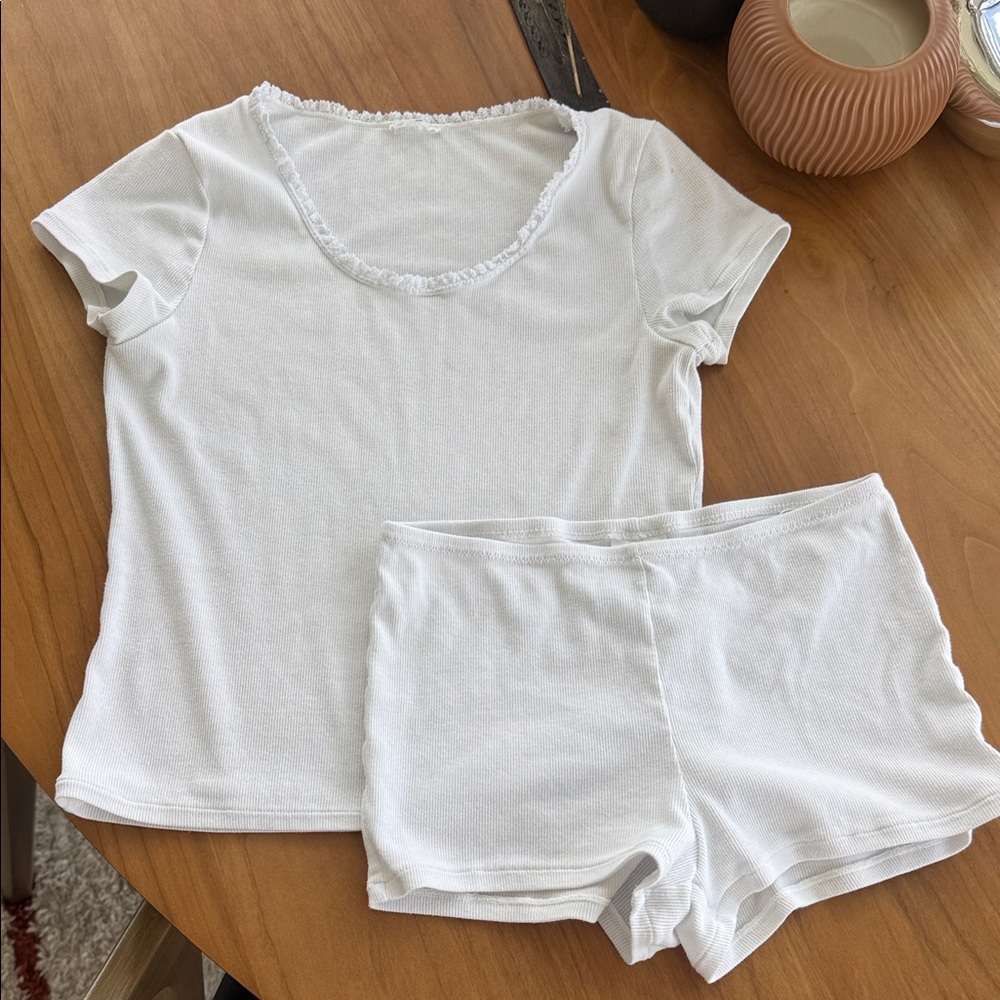 H&M White Ribbed Short-Sleeve Sleep Tee & Shorts Set